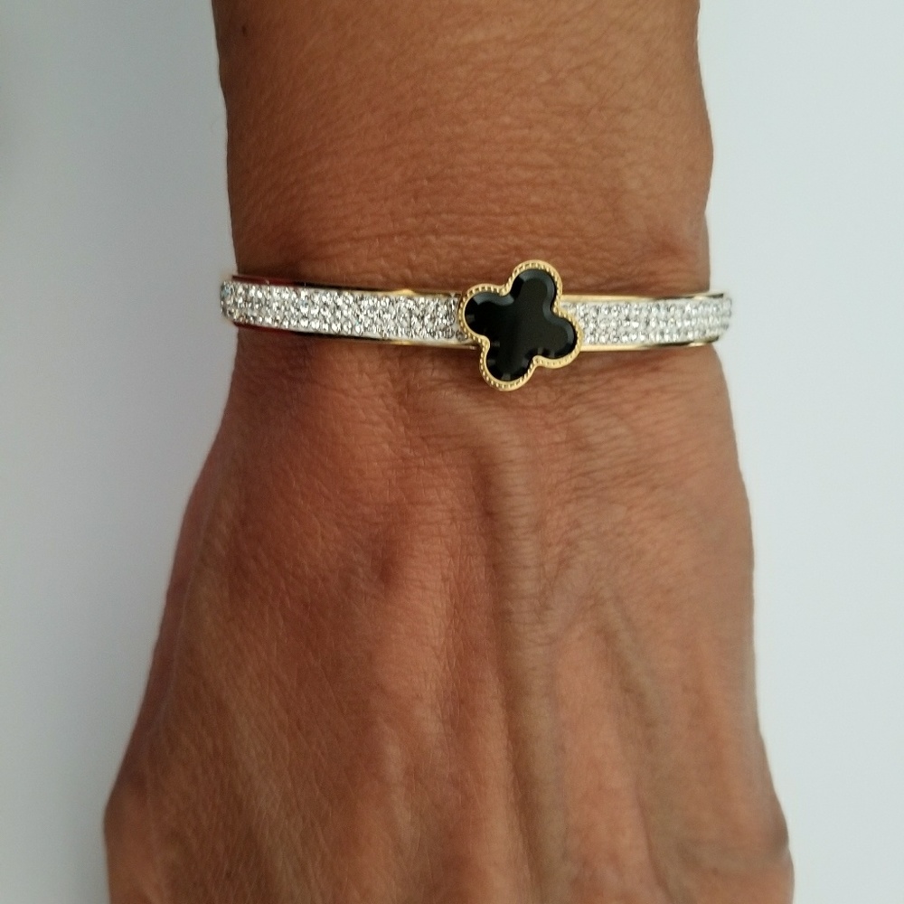Clover Gold Bracelet With crystal Stone, Four Leaf Black Clover,